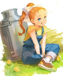 Rule 34 | 1girl, animal, bird, blue eyes, blue overalls, bokujou monogatari, bottle, bow, braid, braided ponytail, breasts, brown footwear, chick, crossed legs, full body, grin, hair bow, hair pulled back, hay, highres, long hair, looking at viewer, milk bottle, nshi, on ground, overalls, ran (bokujou monogatari), shirt, shoe soles, shoes, short sleeves, single braid, sitting, small breasts, smile, sneakers, v arms, white background, white bow, yellow shirt