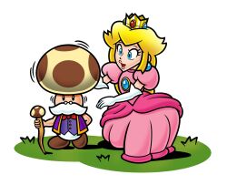 Rule 34 | 1boy, 1girl, blonde hair, blue eyes, bow, bowtie, cane, crown, doc shoddy, dress, earrings, elbow gloves, facial hair, glasses, gloves, highres, jewelry, mario (series), mustache, nintendo, on grass, open mouth, pink dress, princess peach, purple vest, red bow, red bowtie, simple background, toadsworth, vest, white background, white gloves
