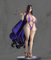 1girl 3d armlet black_hair blue_eyes bracelet breasts brown_dust_(series) brown_dust_2 cleavage colored_inner_hair curly_hair danshan eclipse_(beach_vacation)_(brown_dust_2) eclipse_(brown_dust_2) eyebrows_hidden_by_hair figure flower full_body hair_flower hair_ornament hair_over_one_eye highres holding holding_removed_eyewear huge_breasts jewelry lipstick long_hair looking_ahead makeup multicolored_hair multiple_bracelets multiple_necklaces navel pink-tinted_eyewear purple_hair purple_slingshot_swimsuit ring sandals simple_background skindentation slingshot_swimsuit smile solo stomach sunglasses swimsuit tan tanline thick_thighs thigh_gap thigh_strap thighs tinted_eyewear tiptoes toes two-tone_hair unworn_eyewear very_long_hair