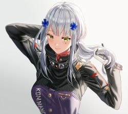 Rule 34 | 1girl, arm up, blush, closed mouth, facial mark, girls&#039; frontline, gloves, green eyes, grey background, hair ornament, hand up, hk416 (girls&#039; frontline), jacket, long hair, long sleeves, looking at viewer, purple jacket, sidelocks, silence girl, silver hair, smile, solo, teardrop, upper body, white gloves