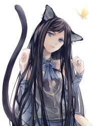 Rule 34 | 1girl, animal ears, arm tattoo, bare shoulders, black hair, blue eyes, bug, butterfly, castlevania (series), castlevania: order of ecclesia, cat ears, cat tail, closed mouth, dress, grel (r6hgvu5), insect, long hair, looking at viewer, shanoa, simple background, solo, tail, tattoo, very long hair, white background