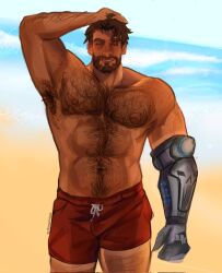 Rule 34 | 1boy, abs, arm up, armpit hair, bara, beard, brown eyes, brown hair, cassidy (overwatch), cowboy shot, dark-skinned male, dark skin, excessive armpit hair, facial hair, full beard, hairy, hand on own head, highres, large pectorals, looking at viewer, male focus, male swimwear, mature male, muscular, muscular male, navel, navel hair, nipple hair, nipples, overwatch, peachydaes2, pectorals, prosthesis, prosthetic arm, red male swimwear, short hair, solo, sparse leg hair, standing, stomach, swim trunks, thick arm hair, thick beard, thick chest hair, thick eyebrows, thick navel hair, tsurime, very hairy