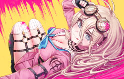 Rule 34 | 1girl, :q, antenna hair, barbed wire, black choker, black gloves, blonde hair, blood, blue eyes, boots, breasts, choker, cleavage, commentary request, danganronpa (series), danganronpa v3: killing harmony, deadnooodles, fingerless gloves, gloves, goggles, goggles on head, hair between eyes, iruma miu, knee boots, knees up, large breasts, long hair, long sleeves, looking at viewer, lying, o-ring, on back, over-kneehighs, pink blood, school uniform, serafuku, shirt, skirt, smile, thighhighs, tongue, tongue out, yellow background