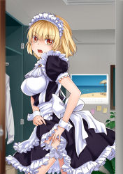Rule 34 | 1girl, absurdres, apron, blonde hair, blush, breasts, brown eyes, clothes lift, dress, dress lift, frills, garter straps, highres, large breasts, bridal garter, looking at viewer, maid, maid apron, maid headdress, open mouth, original, short hair, solo, tianna, wrist cuffs