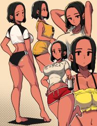 Rule 34 | 1girl, absurdres, armpits, arms up, ass, black eyes, black hair, breasts, cleavage, closed mouth, clothes writing, crop top, curvy, drink, feet, from behind, half-closed eyes, highres, large breasts, legs, looking at viewer, looking back, masgamjya, midriff, mole, mole on breast, navel, original, shirt, short hair, short shorts, shorts, tank top, thought bubble, unamused, white shirt