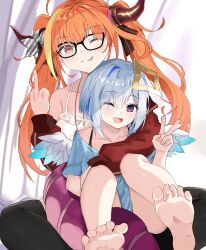 Rule 34 | 2girls, absurdres, amane kanata, angel, angel wings, arm over shoulder, barefoot, black bra, black pants, blonde hair, blue hair, bra, bra strap, breasts, cardigan, dragon girl, dragon horns, dragon tail, grey hair, hair ornament, highres, hololive, horns, hug, jacket, kannab, kiryu coco, kiryu coco (loungewear), large breasts, long hair, looking at viewer, medium hair, middle finger, multicolored hair, multiple girls, one eye closed, open clothes, open jacket, open mouth, orange hair, pants, purple eyes, red jacket, small breasts, star (symbol), star hair ornament, streaked hair, tail, tongue, tongue out, twintails, underwear, v, virtual youtuber, waving, white cardigan, wings