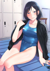 Rule 34 | 1girl, arm support, bench, black hair, blue eyes, blue one-piece swimsuit, blush, breasts, collarbone, competition swimsuit, earrings, goggles, unworn goggles, groin, hand up, highleg, highleg swimsuit, highres, indoors, jacket, jacket on shoulders, jewelry, knees together feet apart, kyuuso inukami, lips, locker, locker room, looking at viewer, medium breasts, mole, mole under eye, one-piece swimsuit, open clothes, open jacket, original, parted bangs, shiny clothes, short hair, sitting, smile, solo, stud earrings, swimsuit, swimsuit under clothes, tile floor, tiles, track jacket