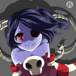 Rule 34 | 1girl, blue skin, breasts, cleavage, colored skin, detached collar, detached sleeves, dress, skull, skullgirls, solo, squigly (skullgirls), stitched mouth, stitches, striped legwear, striped sleeves, zombie