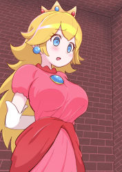 Rule 34 | 1girl, absurdres, arms behind back, blonde hair, blue eyes, blush, breast expansion, breasts, brick wall, brooch, crown, dress, earrings, elbow gloves, eyelashes, furrowed brow, gloves, highres, indoors, jewelry, kukaninugi, large breasts, long hair, looking down, mario (series), nintendo, open mouth, pink dress, princess, princess peach, puffy short sleeves, puffy sleeves, short sleeves, solo, super mario bros. 1, white gloves