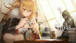 Rule 34 | 1girl, 1other, animal ears, arknights, black choker, black coat, black jacket, black nails, blonde hair, breasts, brown eyes, candy, choker, cleavage, closed mouth, coat, day, doctor (arknights), donkey, fingernails, food, hair between eyes, highres, holding, holding paper, indoors, jacket, jar, kuroduki (pieat), large breasts, lion ears, lion girl, lollipop, long fingernails, long hair, long sleeves, mask, monitor, nail polish, open clothes, open jacket, paper, photo (object), photo inset, reading, revision, rhodes island logo (arknights), shirt, siege (arknights), sitting, smile, sunlight, sweatdrop, table, translation request