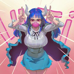 Rule 34 | 1girl, blue hair, breasts, cape, crop top, curled horns, high-waist skirt, highres, horns, large breasts, long hair, long sleeves, mask, mouth mask, multicolored hair, one piece, pink eyes, pink hair, pink mask, shirt, skirt, solo, specterwhite, standing, two-tone hair, ulti (one piece)