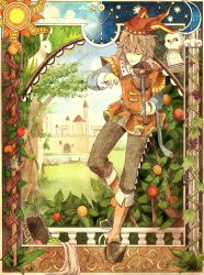 Rule 34 | 1boy, animal, art nouveau, basket, bird, blonde hair, boots, rabbit, castle, clock, crescent moon, escente, closed eyes, food, fruit, grapefruit, grass, hat, highres, instrument, jester, jester cap, long sleeves, male focus, moon, music, original, outdoors, owl, plant, playing instrument, red eyes, rooftop, smile, solo, sun, tower, vines, violin