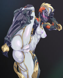 Rule 34 | 1girl, anus, ass, blush, breasts, censored, colored skin, ember (warframe), female focus, gradient background, highres, leg up, mosaic censoring, nipples, pochincoff, pussy, simple background, small breasts, solo, warframe, white skin