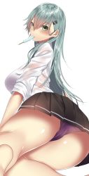 Rule 34 | 1girl, aqua hair, arm support, ass, barefoot, blush, bra, breasts, commentary request, food, green eyes, groin, hair between eyes, hair ornament, hairclip, highres, kantai collection, large breasts, long hair, looking at viewer, lying, mouth hold, onineko-chan, panties, pleated skirt, popsicle, purple bra, purple panties, remodel (kantai collection), shiny skin, shirt, sidelocks, simple background, skirt, solo, suzuya (kancolle), sweat, thighs, underwear, wet, wet clothes, wet shirt, white background, white shirt