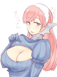 Rule 34 | 1girl, blush, breasts, cherche (fire emblem), cleavage, clothes pull, eyebrows, female focus, fire emblem, fire emblem awakening, headdress, large breasts, long hair, long sleeves, meme attire, nintendo, parted lips, pink hair, shougayaki (kabayaki 3), simple background, solo, sweatdrop, sweater, upper body, virgin killer sweater, white background, wing hair ornament