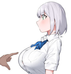 Rule 34 | 1girl, bow, bowtie, breasts, button gap, dasdokter, from side, green eyes, grey hair, highres, hololive, imminent breast grab, large breasts, shirogane noel, shirogane noel (school uniform), shirt, short hair, simple background, solo focus, upper body, virtual youtuber, white background, white shirt