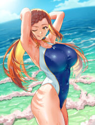 Rule 34 | 1girl, ;q, armpits, arms behind head, blonde hair, blue one-piece swimsuit, blue sky, braid, breasts, cloud, colored inner hair, competition swimsuit, covered navel, day, french braid, from side, ge xi, highleg, highleg swimsuit, highres, huge breasts, licking lips, lien ai-chiang, long hair, looking at viewer, multicolored hair, ocean, one-piece swimsuit, one eye closed, orange eyes, orange hair, outdoors, presenting armpit, sky, smile, solo, swimsuit, tongue, tongue out, very long hair, waves, wet, white one-piece swimsuit, witches in 7th base