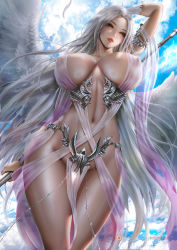 1girl absurdres angel_wings breasts cameltoe cleavage cloud highres lexaiduer nipples no_bra no_panties see-through_clothes sky weapon wings