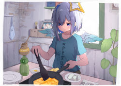 Rule 34 | 1girl, amane kanata, ame., black skirt, blue hair, blue shirt, blue wings, closed mouth, clothes writing, collarbone, commentary request, cooking, day, egg, eggshell, eyes visible through hair, feathered wings, frying pan, grey hair, hair over one eye, highres, himemori luna, holding, hololive, indoors, kiryu coco, mini wings, multicolored hair, photo (object), plate, purple eyes, shirt, short sleeves, skirt, smile, solo, spatula, sunlight, tokoyami towa, translation request, tsunomaki watame, two-tone hair, virtual youtuber, white wings, window, wings