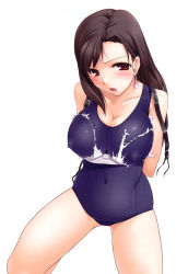Rule 34 | 1990s (style), 1girl, arms behind back, breasts, brown hair, cleavage, covered erect nipples, female focus, final fantasy, final fantasy vii, highres, kouki kuu, large breasts, long hair, red eyes, retro artstyle, simple background, solo, swimsuit, tifa lockhart, torn clothes, white background
