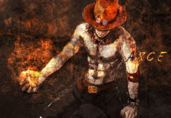 Rule 34 | 1boy, abs, belt, character name, fighting stance, fire, freckles, hat, hat over eyes, jewelry, male focus, muscular, necklace, one piece, portgas d. ace, sad face, topless male, smile, smiley, smiley face, solo