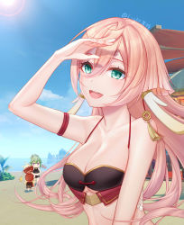 Rule 34 | 3girls, :d, absurdres, adapted costume, arm up, bandeau, bare arms, bare shoulders, beach, bikini, blue sky, breasts, chibi, cleavage, cloud, commentary request, day, genshin impact, green eyes, green hair, hair between eyes, highres, jitome, klee (genshin impact), kuki shinobu, large breasts, lightria, long hair, multiple girls, no headwear, open mouth, outdoors, pink hair, purple eyes, red headwear, sky, smile, stomach, swimsuit, upper body, yanfei (genshin impact)