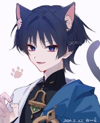 Rule 34 | 1boy, absurdres, animal ear fluff, animal ears, black hair, black shirt, blue cape, blunt ends, cape, cat boy, cat ears, cat tail, choppy bangs, claw pose, commentary request, dated, ego (ego inp), eyeshadow, fang, genshin impact, hair between eyes, hair intakes, hand up, highres, jacket, looking at viewer, lower teeth only, makeup, male focus, open clothes, open jacket, open mouth, paw print, purple eyes, red eyeshadow, scaramouche (genshin impact), shirt, short hair, simple background, skin fang, sleeveless, sleeveless shirt, smile, solo, tail, teeth, upper body, wanderer (genshin impact), white background, white jacket
