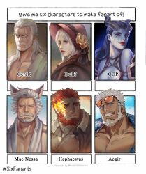 Rule 34 | 2girls, 5boys, absurdres, aegir (housamo), animal ears, bara, beard, bloodborne, cat ears, commentary request, dark-skinned male, dark skin, dota (series), dota 2, eyewear on head, facial hair, flaming eye, geralt of rivia, granblue fantasy, hephaestus (housamo), highres, large pectorals, long hair, mac nessa, manly, mature male, multiple boys, multiple drawing challenge, multiple girls, muscular, muscular male, mustache, mustache stubble, open clothes, open shirt, pectorals, plain doll, queen of pain (dota), scar, scar across eye, scar on chest, scar on face, sdz (inazuma), six fanarts challenge, sunglasses, the witcher (series), thick eyebrows, thick mustache, tokyo houkago summoners, towel, towel around neck, upper body, white hair