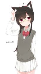 Rule 34 | 1girl, ahoge, animal ears, arm at side, asymmetrical bangs, black hair, blunt bangs, blush, bow, bowtie, cardigan vest, closed mouth, collared shirt, cowboy shot, expressionless, eyebrows, glasses, hair ornament, hairclip, hand on own ear, head tilt, highres, long hair, looking at viewer, motion lines, original, pleated skirt, red bow, red bowtie, red eyes, school uniform, scratching head, semi-rimless eyewear, shirt, simple background, skirt, solo, standing, sweater vest, thigh gap, thighs, under-rim eyewear, white background, white skirt, yellow-framed eyewear, yellow theme, yukichi (sukiyaki39)