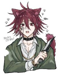Rule 34 | 1boy, animal ears, bracelet, carpaccio luo-yang, cat ears, cat tail, collarbone, collared shirt, earrings, facial mark, green robe, hair between eyes, jewelry, knife, long sleeves, m aizw, mashle, open mouth, red eyes, red hair, robe, shirt, short hair, solo, spiked hair, tail, white background