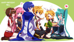 Rule 34 | +++, 1boy, 4girls, aosaki yato, aqua eyes, aqua hair, aqua necktie, arm warmers, armband, bare shoulders, bass clef, birthday, birthday cake, black collar, black legwear, black shirt, black shorts, black skirt, black sleeves, blonde hair, blue eyes, blue hair, blue scarf, blush, bow, brown hair, cake, candle, character name, closed eyes, coat, collar, commentary, crop top, detached sleeves, eighth note, food, fruit, gold trim, grey shirt, hair bow, hair ornament, hairclip, happy birthday, hatsune miku, headphones, heart, highres, holding, holding cake, holding food, holding phone, indian style, leg warmers, long hair, looking at another, miniskirt, multiple girls, musical note, neckerchief, necktie, open mouth, phone, pink hair, pleated skirt, red shirt, red skirt, ribbon, sailor collar, scarf, school uniform, seiza, shirt, short hair, short ponytail, short shorts, short sleeves, shorts, sitting, skirt, sleeveless, sleeveless shirt, smile, spiked hair, spoken heart, spoken musical note, spring onion, strawberry, swept bangs, taking picture, thighhighs, treble clef, twintails, very long hair, vocaloid, wariza, white bow, white coat, white shirt, yellow neckwear, zettai ryouiki