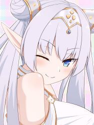 Rule 34 | 1girl, bare shoulders, blue eyes, blush, breasts, britomart (fate), britomart (second ascension) (fate), double bun, dress, drill bulbul, fate/grand order, fate (series), gold trim, grey hair, hair bun, hairband, headpiece, highres, large breasts, long hair, looking at viewer, looking back, one eye closed, pointy ears, smile, solo, taut clothes, taut dress, twintails, upper body, very long hair