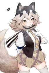 Rule 34 | 1girl, animal ear fluff, animal ears, arm behind back, armband, big hair, black hair, closed mouth, collared shirt, commentary, cowboy shot, eastern wolf (kemono friends), eyelashes, forked eyebrows, gloves, grey hair, hand up, highres, jack4l, japari symbol, kemono friends, kemono friends 3, lips, long sleeves, looking at viewer, miniskirt, multicolored hair, necktie, open clothes, open vest, parted bangs, plaid, plaid necktie, plaid skirt, pleated skirt, puffy long sleeves, puffy sleeves, scarf, shirt, simple background, skindentation, skirt, smile, solo, symbol-only commentary, tail, thighhighs, two-tone hair, vest, white background, white gloves, white shirt, white thighhighs, wing collar, wolf ears, wolf girl, wolf tail, yellow eyes, zettai ryouiki