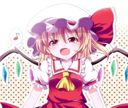 Rule 34 | 1girl, :d, ascot, blonde hair, blush, colorized, fang, female focus, flandre scarlet, haruki (colorful macaron), hat, hat ribbon, heart, heart background, highres, musical note, open mouth, quaver, red eyes, ribbon, short hair, side ponytail, smile, solo, speech bubble, spoken musical note, touhou, wings