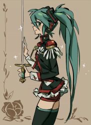 Rule 34 | 1girl, black jacket, black thighhighs, blue hair, blue nails, brown background, closed mouth, cosplay, cowboy shot, edward (chookooreetoo), floral background, frilled jacket, frills, hand up, hatsune miku, headphones, holding, holding sword, holding weapon, jacket, long hair, looking at viewer, rapier, red shorts, shorts, shoujo kakumei utena, smile, solo, sword, tenjou utena, tenjou utena (cosplay), thighhighs, twintails, very long hair, vocaloid, weapon