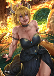 Rule 34 | 1girl, arm support, armlet, artist name, bare shoulders, black dress, black nails, blonde hair, blue eyes, bowsette, bracelet, breasts, brooch, cleavage, collar, collarbone, covered abs, crown, curled horns, dress, fingernails, from above, goomba, grey horns, grin, hair between eyes, hibren, high ponytail, highres, horns, jewelry, large breasts, leaning back, long hair, looking at viewer, looking up, mario (series), lava, nail polish, new super mario bros. u deluxe, nintendo, parted bangs, sharp fingernails, sitting, smile, solo focus, spiked armlet, spiked bracelet, spiked collar, spiked tail, spikes, strapless, strapless dress, super crown, tail, toned, tongue, tongue out