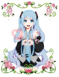 Rule 34 | 1girl, bad id, bad pixiv id, blue eyes, blue hair, detached sleeves, hatsune miku, heart, heart hands, long hair, matching hair/eyes, naruto maki, necktie, open mouth, skirt, solo, thighhighs, twintails, very long hair, vocaloid
