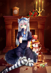 Rule 34 | 1girl, :q, alternate costume, animal ears, ankle ribbon, bell, black dress, black gloves, black pantyhose, blue eyes, bow, bowtie, bracelet, buttons, candle, candlestand, cane, cape, card, cat ears, cathy (yu-gi-oh!), checkered floor, clock, dress, duel monster, fire, fireplace, flower, full body, glasses, gloves, gothic lolita, green eyes, gyaza, hair ribbon, hand on own thigh, hand to own mouth, hat, heart, heterochromia, highres, holding, holding own hair, hourglass, indoors, jewelry, jingle bell, lace, lace-trimmed dress, lace-trimmed gloves, lace trim, leg ribbon, lock cat, lolita fashion, long hair, looking at viewer, madolce mew-feuille, madolche mewfeuille, mary janes, neck ribbon, on floor, pantyhose, petals, playing card, print legwear, puffy short sleeves, puffy sleeves, red-framed eyewear, red flower, red rose, reflection, rescue cat, ribbon, rinyan lightsworn rogue, rose, shadow, shoes, short sleeves, silver hair, sitting, solo, spade, striped clothes, striped pantyhose, stuffed animal, stuffed cat, stuffed rabbit, stuffed toy, thighhighs, tongue, tongue out, topknot, unworn eyewear, vertical stripes, wand, white pantyhose, yellow eyes, yokozuwari, yu-gi-oh!, yu-gi-oh! zexal, yuu-gi-ou, yuu-gi-ou zexal