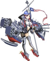 Rule 34 | 1girl, american flag, black gloves, blue hair, breasts, gloves, jacket, kantai collection, long hair, machinery, medium breasts, multicolored hair, navel, necktie, official art, red hair, rudder footwear, shorts, single thighhigh, south dakota (kancolle), south dakota kai (kancolle), staff, thighhighs, transparent background, turret, weapon, white hair, zeco