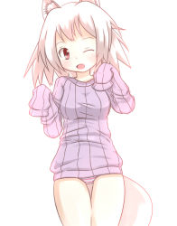 Rule 34 | 1girl, a-ktoo, animal ears, blush, breasts, no pants, one eye closed, open mouth, panties, simple background, sleeves past wrists, smile, solo, striped clothes, striped panties, sweater, tail, underwear, white background