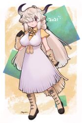 Rule 34 | 1girl, 2021, animal ears, bad id, bad twitter id, boots, breasts, brown eyes, closed mouth, commentary request, dress, extra ears, full body, gloves, hair over one eye, hand up, highres, horns, inactive account, jmeysan, kemono friends, kemono friends 3, large breasts, long hair, looking at viewer, multicolored horns, neck ribbon, ox ears, ox girl, ox horns, ribbon, shirt, short sleeves, solo, standing, very long hair, white dress, white hair, yak (kemono friends), yellow shirt