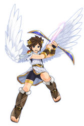 Rule 34 | 1boy, angel wings, arm guards, arrow (projectile), belt, bike shorts, blue eyes, boots, bow (weapon), brown hair, fingerless gloves, full body, gloves, gradient background, high boots, highres, hikari shinwa: parutena no kagami, kid icarus, knee boots, male focus, nintendo, oggy (oggyoggy), open mouth, pit (kid icarus), sandals, shoulder guard, simple background, solo, thigh strap, tunic, weapon, white background, wings, wreath