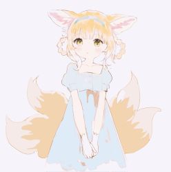 Rule 34 | 1girl, animal ear fluff, animal ears, aqua dress, arknights, blonde hair, blush, closed mouth, dress, fox ears, fox girl, fox tail, gloves, green eyes, hair rings, hairband, highres, looking at viewer, multicolored hair, multiple tails, nprmtp, official alternate costume, short sleeves, simple background, solo, suzuran (arknights), suzuran (spring praise) (arknights), tail, white gloves, white hair