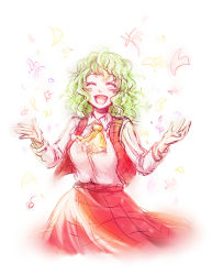 Rule 34 | 1girl, ^ ^, ascot, closed eyes, dress shirt, kazami yuuka, mokku, open mouth, outstretched arms, shirt, short hair, simple background, skirt, smile, solo, touhou, vest, wavy hair, wavy mouth, white background