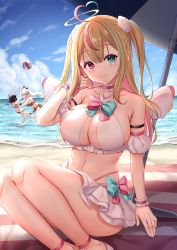 Rule 34 | 3girls, absurdres, ahoge, arm strap, ball, bare shoulders, beach, beach umbrella, beachball, bikini, bikini skirt, blonde hair, breasts, character request, choker, cleavage, copyright request, criss-cross halter, detached sleeves, frilled choker, frills, green eyes, halo, halterneck, halterneck, hand up, highres, indie virtual youtuber, large breasts, long hair, looking at viewer, multicolored hair, multiple girls, navel, ocean, outdoors, red eyes, sitting, smile, stomach, streaked hair, sunlight, swimsuit, thighs, two side up, umbrella, virtual youtuber, wakuta chisaki, water, white bikini