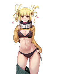 Rule 34 | 1girl, black bra, black panties, blonde hair, boku no hero academia, bra, breasts, cleavage, clothes lift, cowboy shot, double bun, hair bun, half-closed eyes, hand on own hip, highres, knife, lingerie, long hair, long sleeves, looking at viewer, matching hair/eyes, medium breasts, messy hair, navel, nico-mo, panties, parted lips, shirt lift, short hair, simple background, solo, thighs, toga himiko, underwear, undressing, white background, yellow eyes