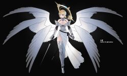 Rule 34 | 1girl, angel, angel wings, armor, black background, blonde hair, blue eyes, boots, breasts, elbow gloves, full body, gauntlets, gloves, halo, highres, holding, holding sword, holding weapon, kizuta (barometz), large breasts, looking at viewer, multiple wings, no panties, original, seraph, sheath, solo, sword, thigh boots, weapon, wings