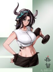 Rule 34 | 3girls, absurdres, animal ears, aqua hair, arknights, artist name, bare shoulders, black gloves, black hair, braid, breasts, broken horn, chibi, chibi inset, closed mouth, commentary request, cow ears, cow girl, cow horns, crop top, dumbbell, fingerless gloves, gloves, gradient background, green background, green eyes, han han xiao leng, hand on own hip, highres, horns, large breasts, long hair, looking at viewer, material growth, midriff, multicolored hair, multiple girls, navel, oripathy lesion (arknights), pallas (arknights), single glove, sleeveless, smile, stomach, streaked hair, two-tone hair, vulcan (arknights), wind chimes (arknights)