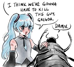 Rule 34 | 1girl, 1other, arm tattoo, ayilings, beetle, black sleeves, blue eyes, blue hair, blue necktie, bug, collared shirt, commentary, detached sleeves, english commentary, english text, gregor samsa, grey shirt, hatsune miku, highres, i think we&#039;re gonna have to kill this guy steven (meme), insect, long hair, meme, necktie, open mouth, shirt, simple background, sleeveless, sleeveless shirt, smile, speech bubble, tattoo, the metamorphosis, twintails, twitter username, vocaloid, white background