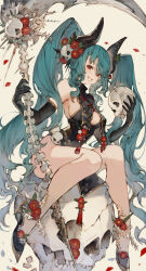 Rule 34 | 1girl, aqua hair, armpit crease, black dress, black gloves, breast curtains, breasts, china dress, chinese clothes, commentary, commission, demon horns, dress, elbow gloves, flower, gloves, grin, hair flower, hair ornament, highres, holding, holding sickle, holding skull, horns, kemomin nosuke, long hair, looking at viewer, medium breasts, original, parted lips, pelvic curtain, red eyes, red flower, sideboob, sitting, skeb commission, skull, skull hair ornament, smile, solo, twintails, very long hair